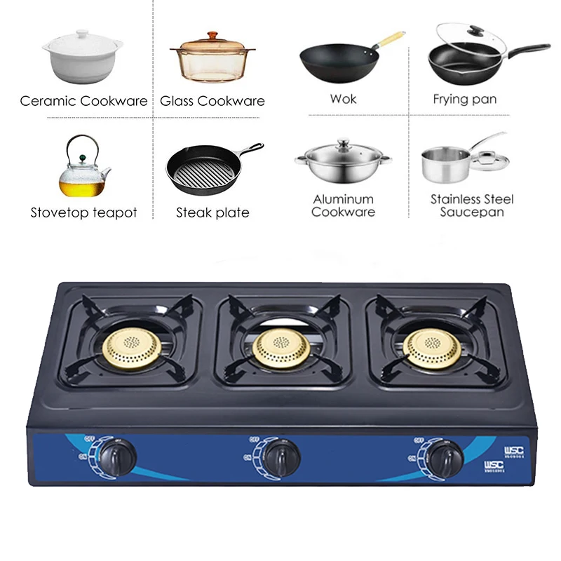 Wok 3 Burner Head Auto Ignition Stainless Steel Automatic Industrial Cooking Range Gas Stove