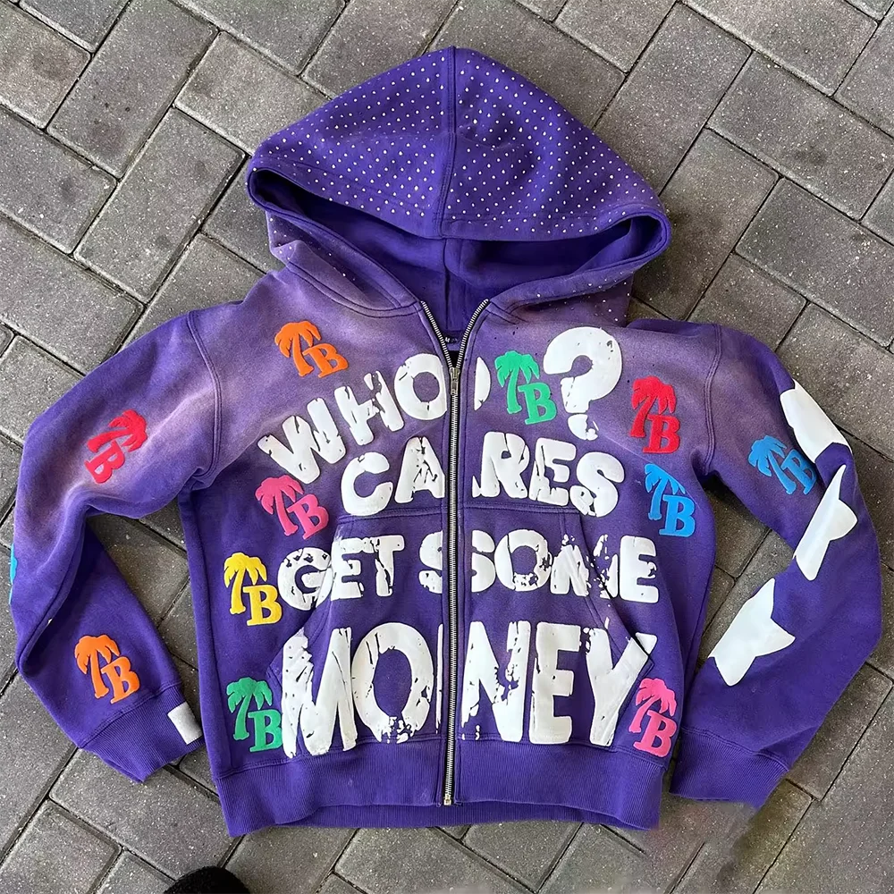 Custom Streetwear Vintage Washed 500 gsm Heavyweight Hoodie Oversized Raw Hem Cropped Rhinestone Puff Print Zip Up Hoodie