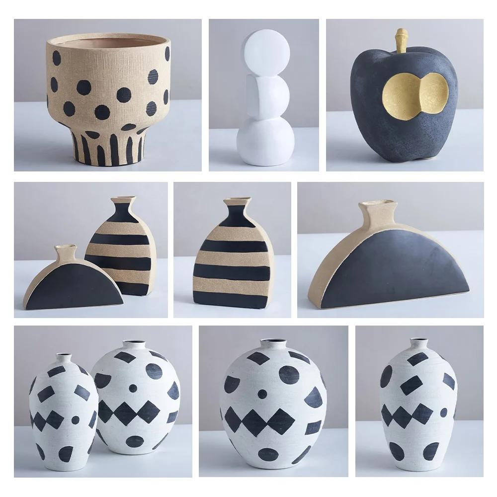 Customized Color Desktop Arts White Black Pattern Home Ornaments Crafts Flower Ceramic Vase for Home Office