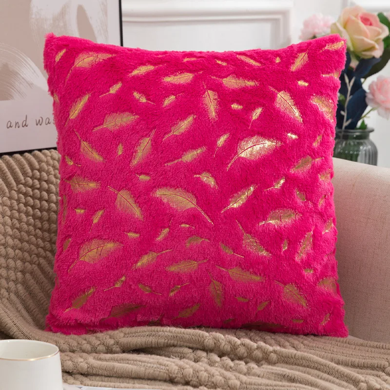 Decorative Throw Pillow Covers Plush Faux Fur with Gold Feathers Gilding Leaves Soft Fuzzy Cute Pillowcase for Couch Sofa Bed