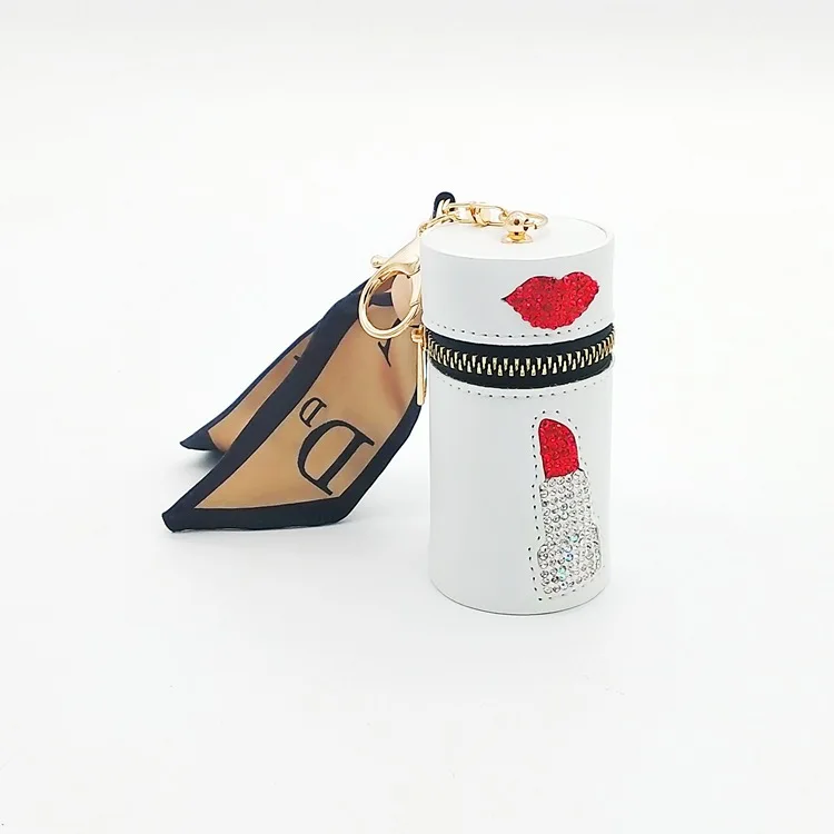 Fashion shiny leather key chain mini cylinder makeup lipstick holder bag key ring coin purse designer luxury keychain