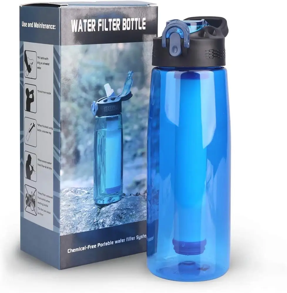 Filtered Water Bottle, BPA Free Emergency Water Purifier with 2-Stage Integrated Filter Straw for Travel, Camping, Hiking