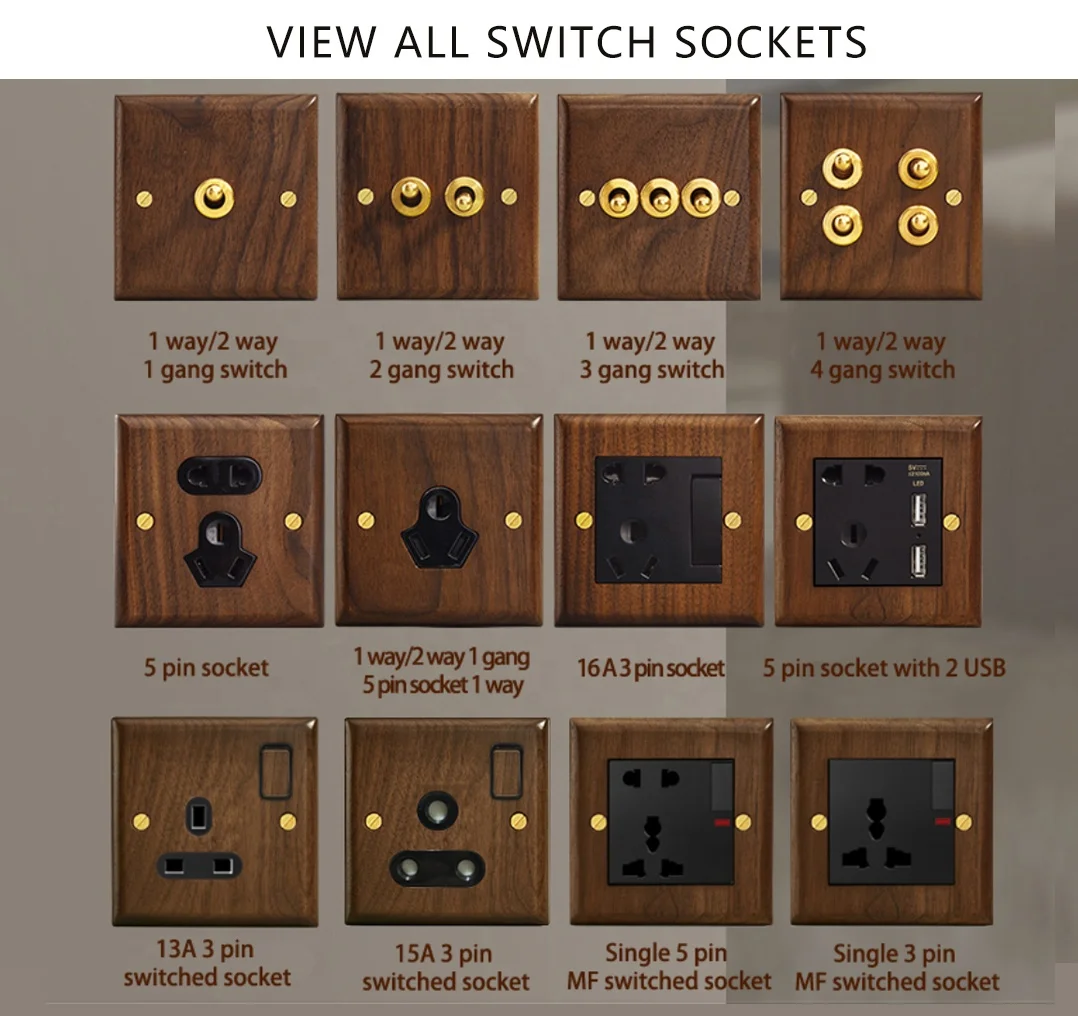 Sockets and switches electrical with Solid wood panel Brass Toggle UK British standard 13A toggle rocker