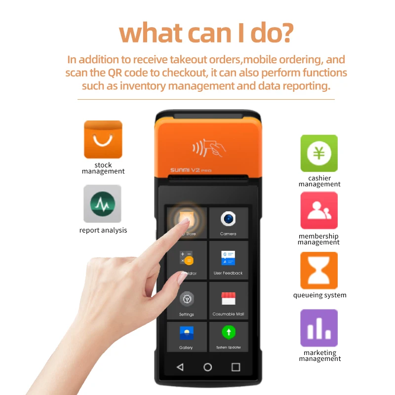 New Update V2 Pro Restaurant Touch Screen Handheld Android POS Terminal With Label Printer