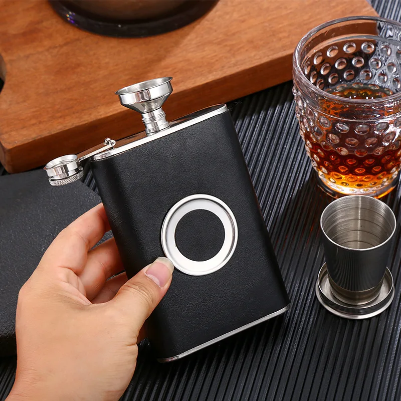 Stainless Steel 8 Ounce Whiskey Hip Flask Gift Set With a Built-in Collapsible 2 oz Shot Glass