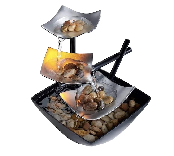 Beautiful home decoration modern silver color metal waterfall tabletop water fountain with led, stone decoration