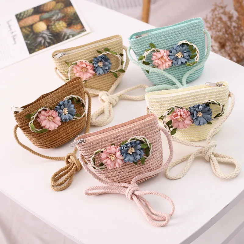 New arrival fashion baby straw caps children summer beach straw bag straw hat 2pc/set