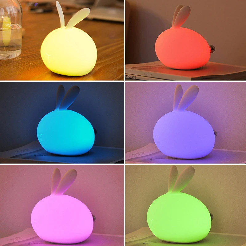 Soft Rabbit Cartoon USB Charging Multicolor Touch Sensor Baby Nursery Lamp Sleep Silicone LED Night Light