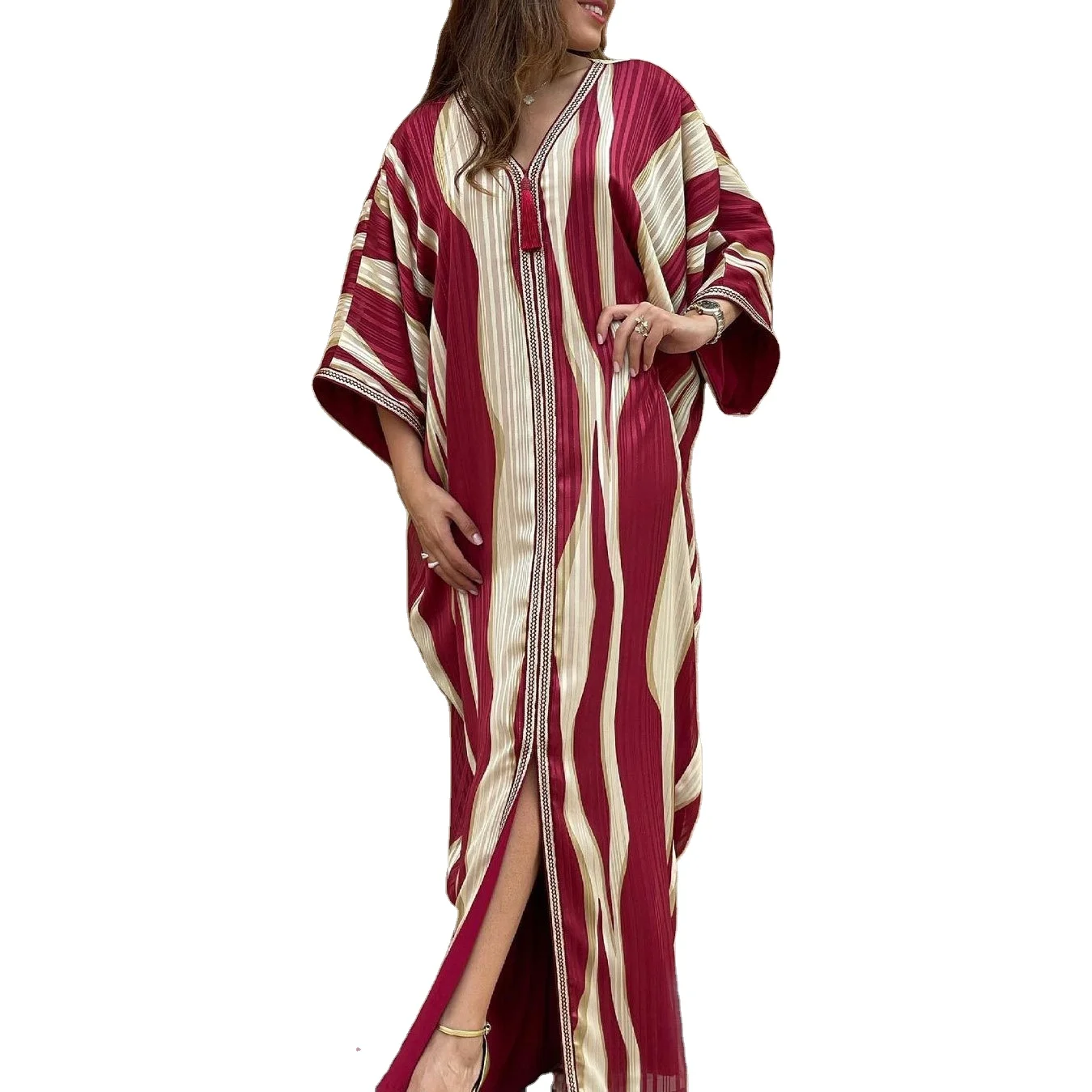 Spring Autumn Striped Bat Sleeve Muslim Woman Fashion Arab Robe Fringed Dress One Size Abaya