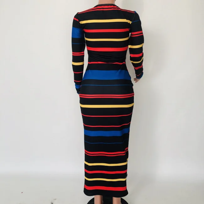 Модное черное платье до щиколотки из полиэстера с принтом в полоску и круглым вырезом