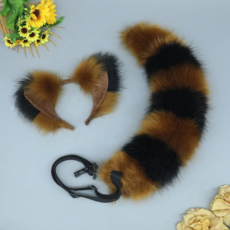 Animal Ears KC Headdress Halloween Raccoon Cosplay Costume Accessories Fox Fur Ears Headband and Tail 2PC Set for Women