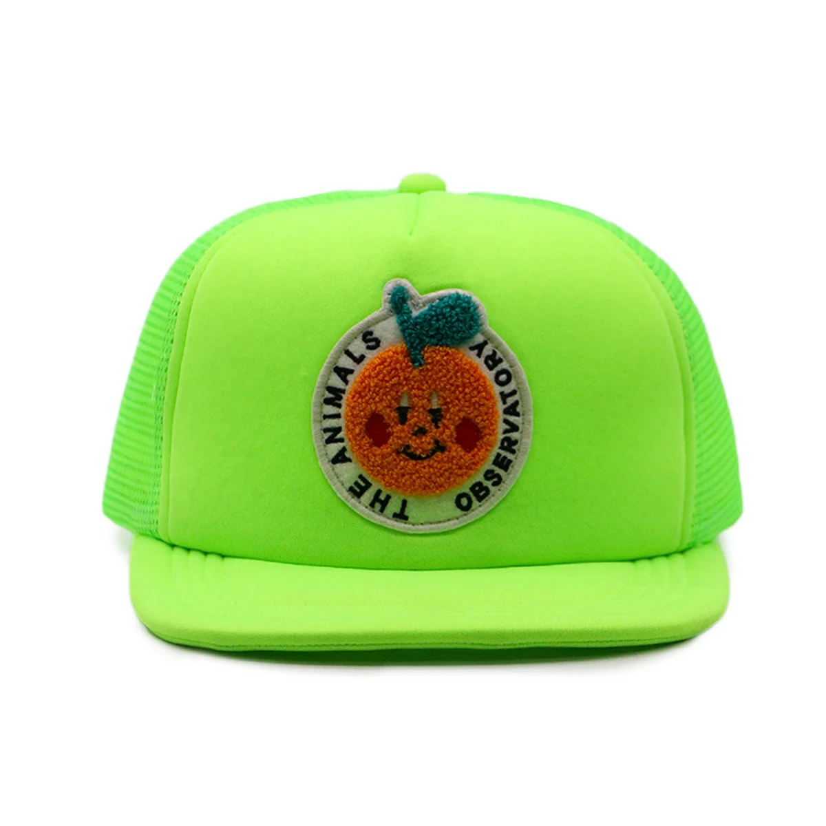 5 Panel Custom Design Flat Square Bill Unisex Neon Green Foam Mesh Cap Trucker Chenille Embroidery Patch Snapback Hat