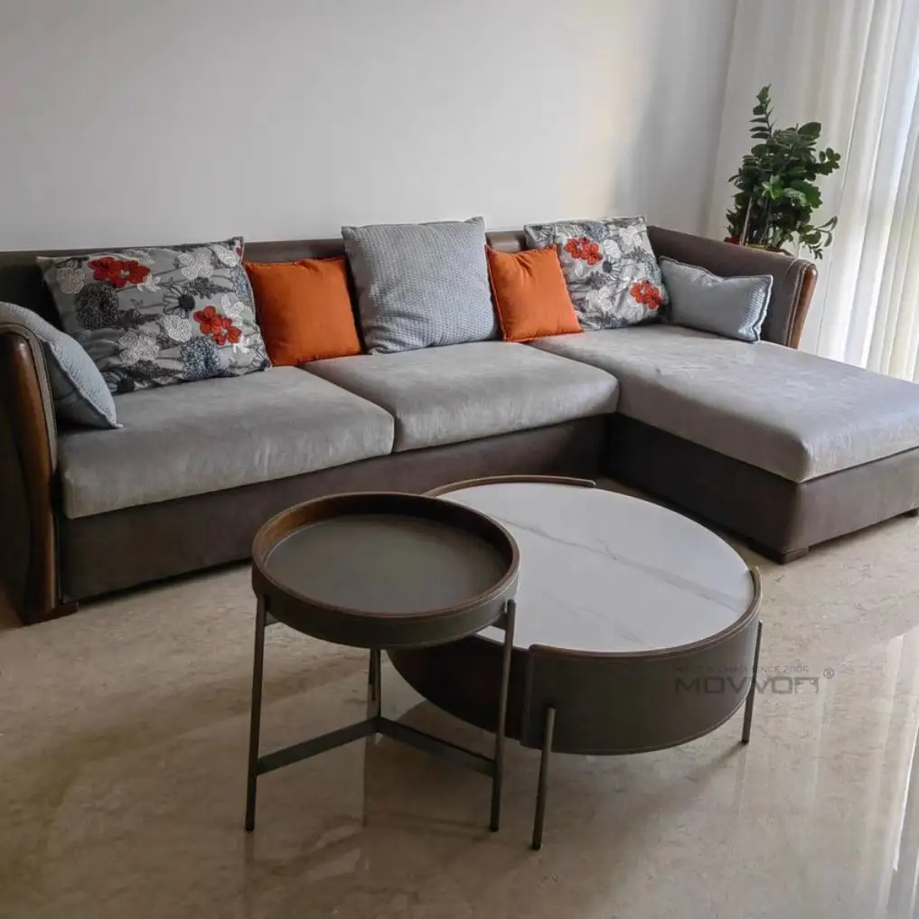 Italian round rock slab simple saddle leather solid wood living room home coffee table combination