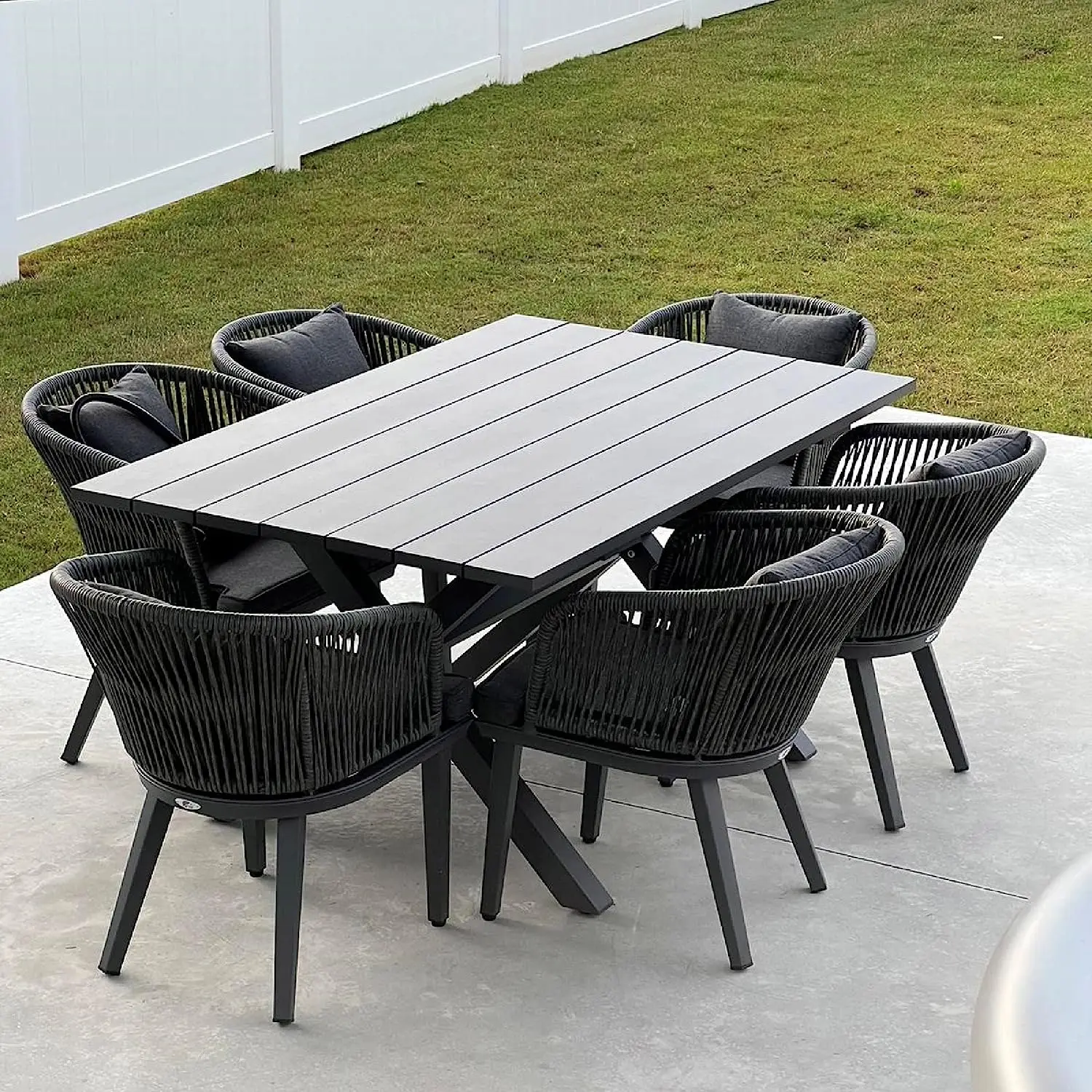 Metal Waterproof 7 Pieces All-Weather Material Patio Aluminium Furniture Outdoor Dining Sets Garden Rope Chairs with Table