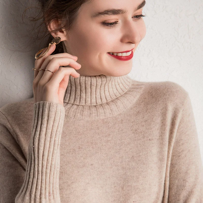 2022 New Autumn Warm Fashion Women Long Turtleneck 100% Wool Cashmere Dress Ladies