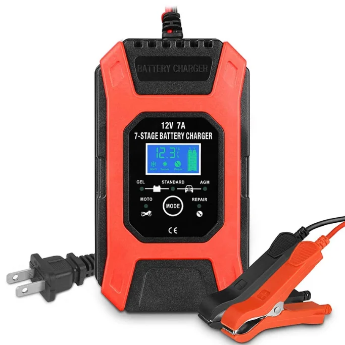 2021 FOXSUR 12V 7A 7 Stages LCD display fast Car Battery Charger Maintainer For Auto Motorcycle Charging Adapter Accessories