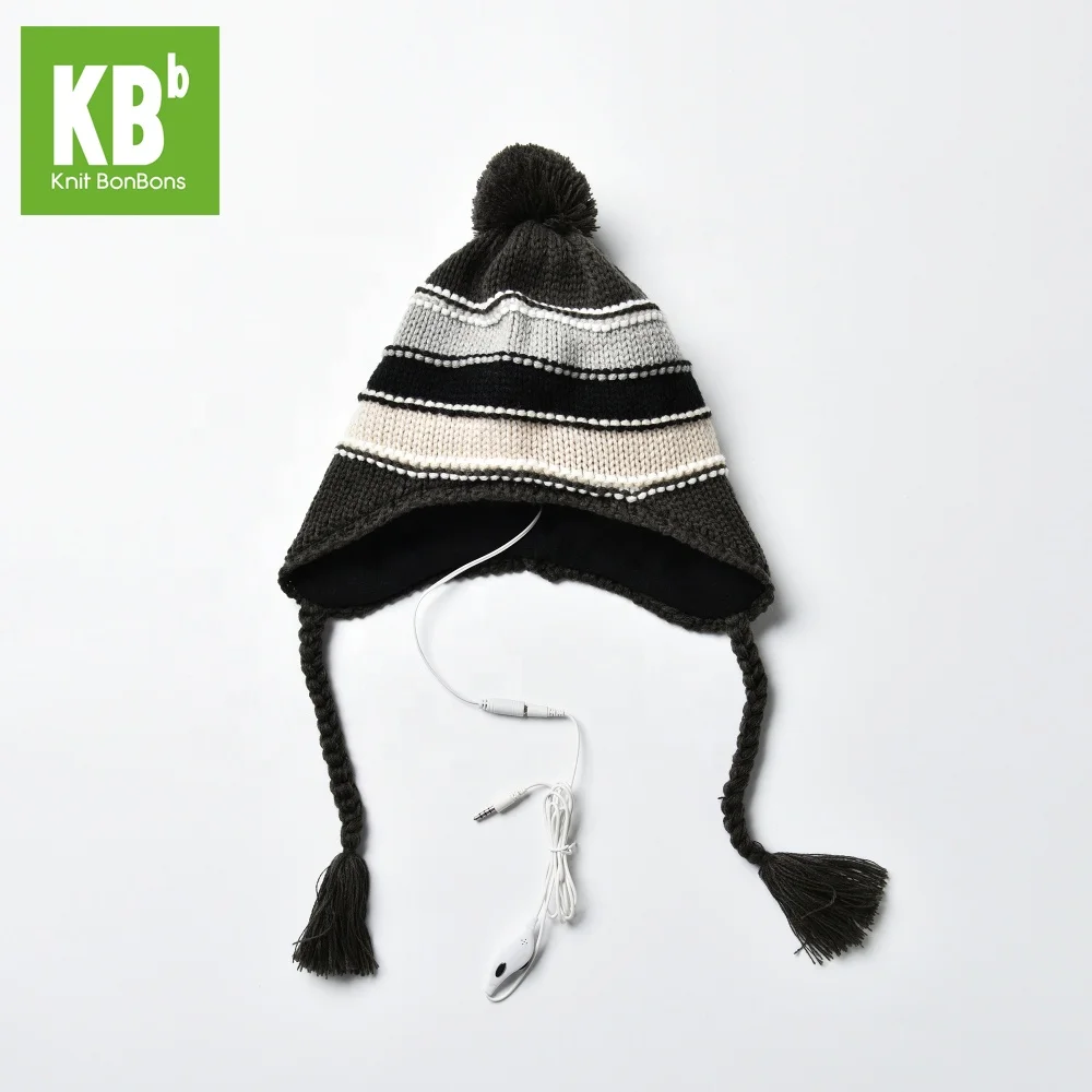 Fashion Custom Made 100% Acrylic Stripe Winter Adult Knitted Pom Pom Beanie With Headphone