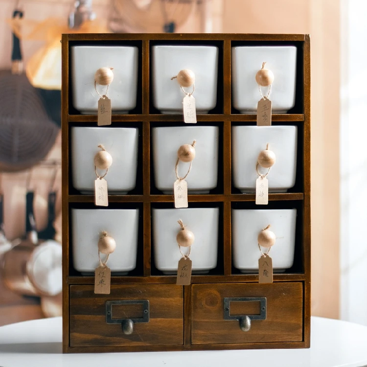 Rustic Seasoning Box Porcelain Salt Sugar Spice Pepper Sets with 4 Layer Bamboo Organizer Rack