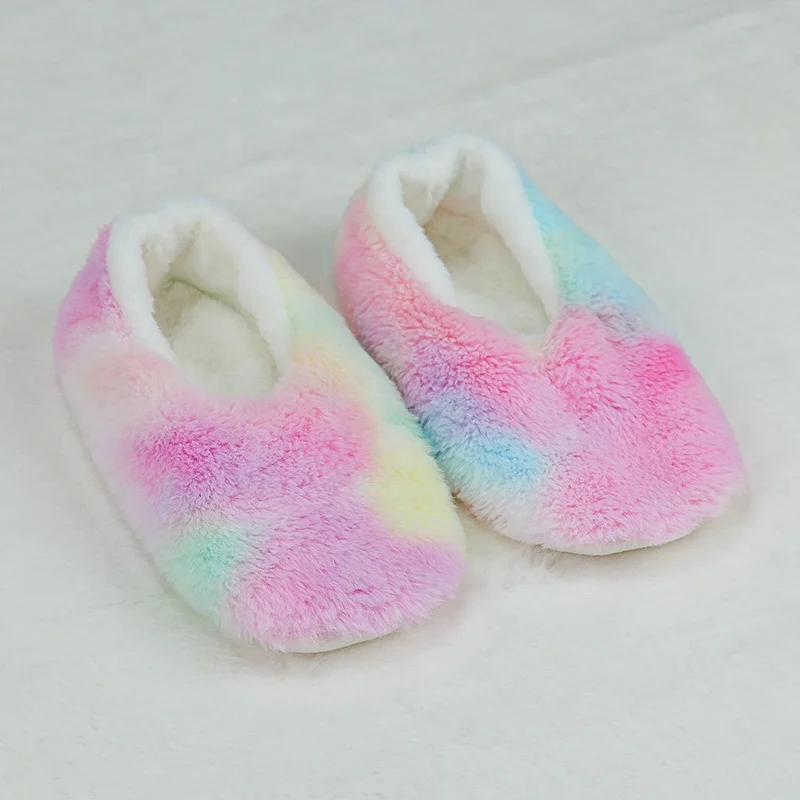 Woman Women Womens Rainbow Tie Dyed Rabbit Fur Plush Indoor Floor Room Home Ballerina Slippers with Sherpa Lining Anti-slip Sole