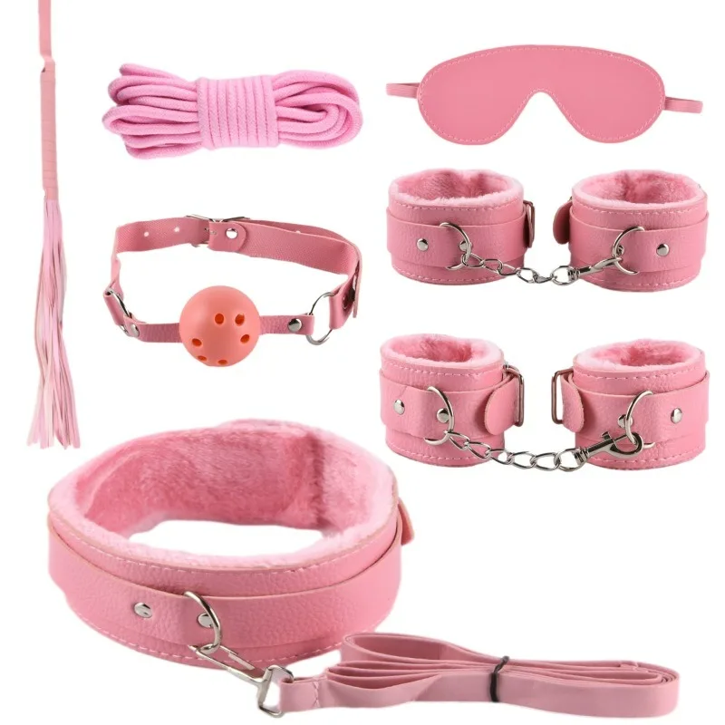 Leather plush hardware eye mask mouth stopper cross buckle handcuff neck set nipple clip cotton rope foot sex belt toys for sm