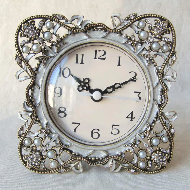 Antique Brass White Beaded Square Metal Zinc Alloy Framed Desk Clock