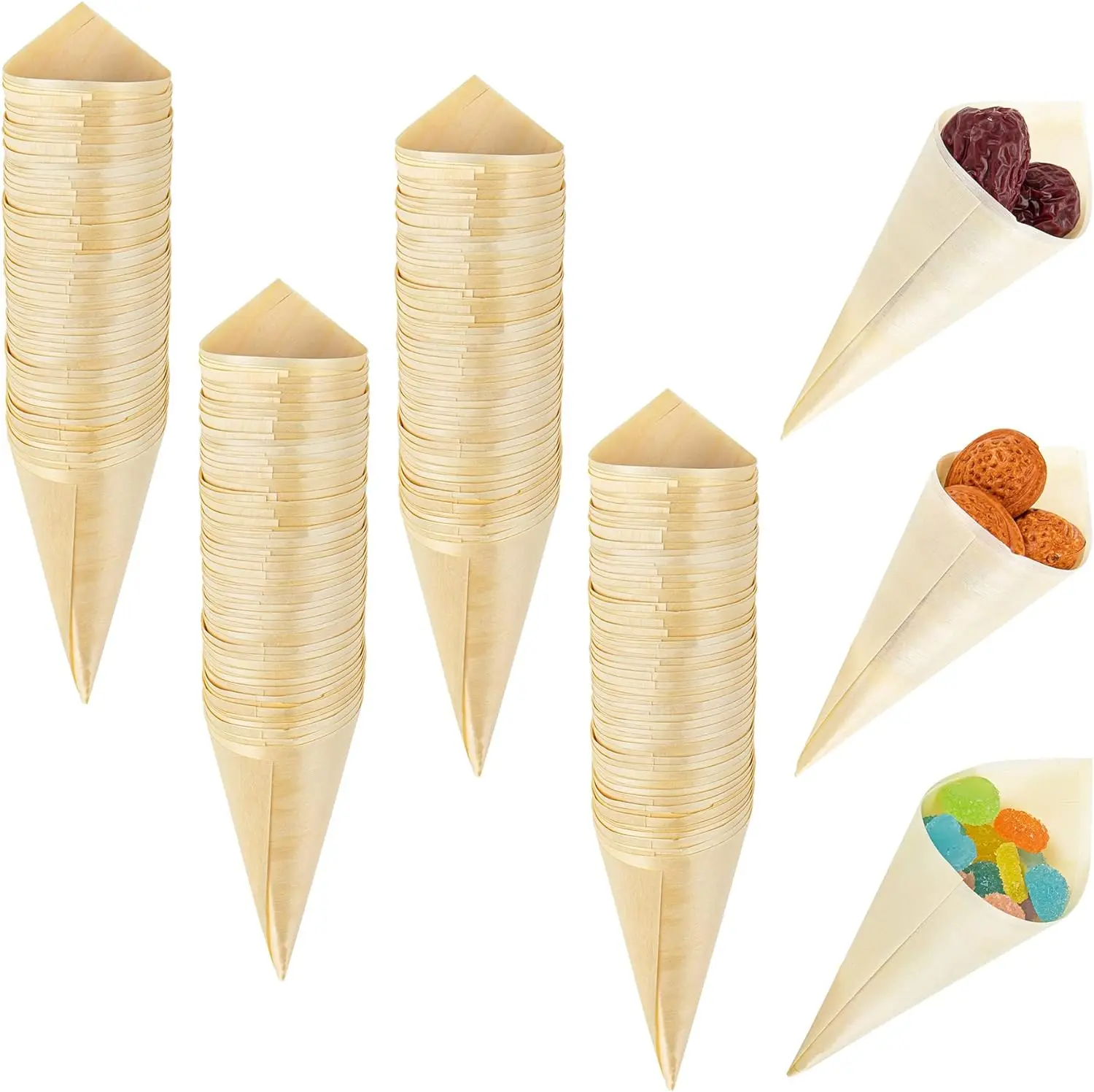 Disposable Wooden Cones Serving Tasting Dessert Cone Appetizer Finger Food Ice Cream Holder for and Decoration Displays