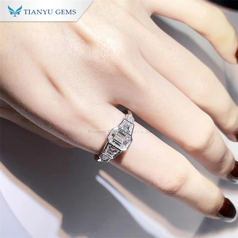 Tianyu gems customized bezel setting 10k pure white gold material emerald cut lab diamond engagement ring