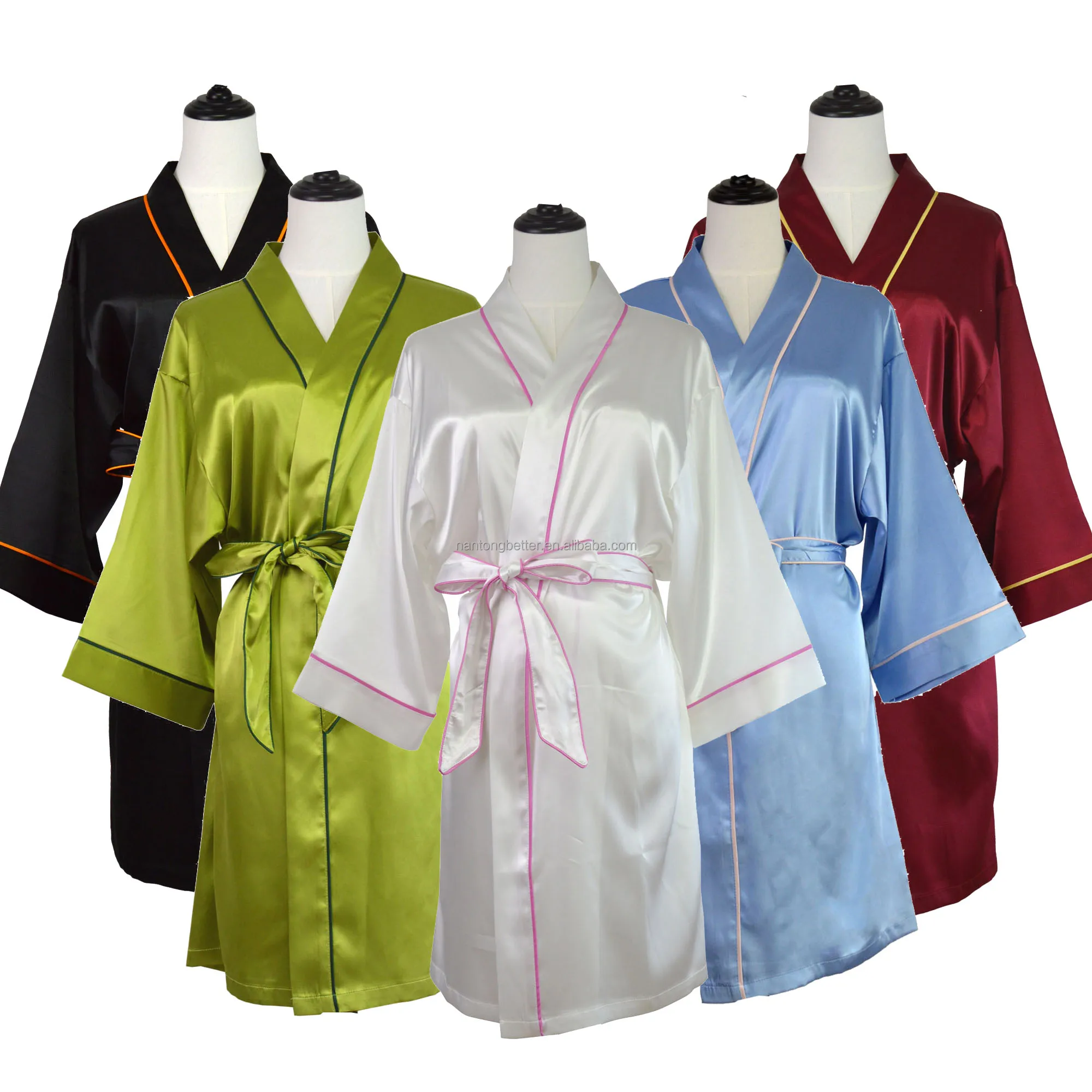 Elegant High Quality Knee Length with Piping and Pockets Women Design Silk Satin Kimono Robes Dress Gown