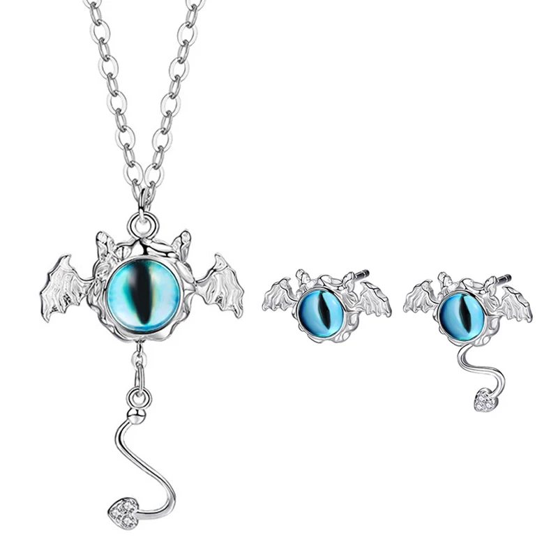 8 ONEYIDA Trendy 925 Sterling Silver Fashion Halloween Jewelry Sets Blue Grass Little Devil Necklace Stud Earrings