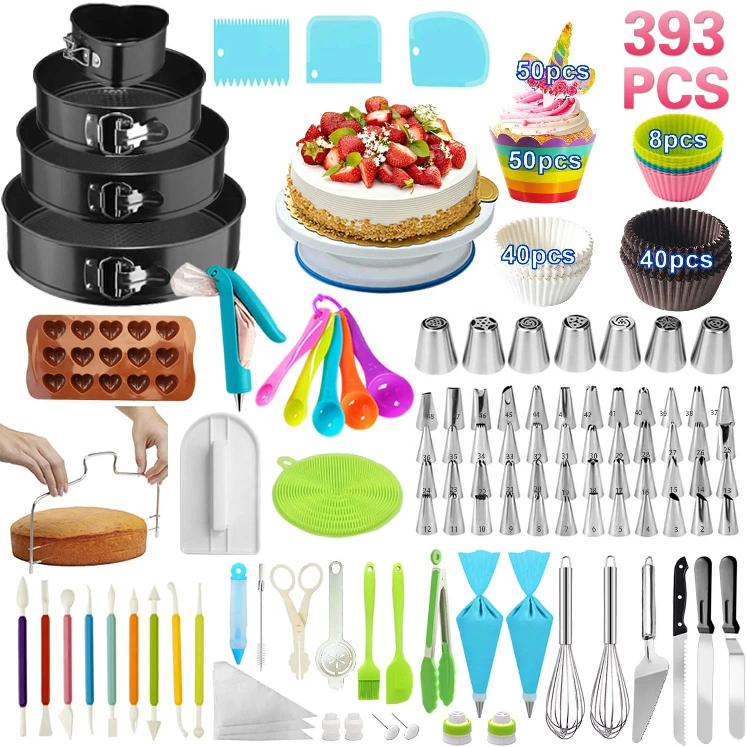 393 PCS Cake Decorating Kit 4 Packs Springform Cake Pans Cake Rotating Turntable 48 Piping Icing Tips