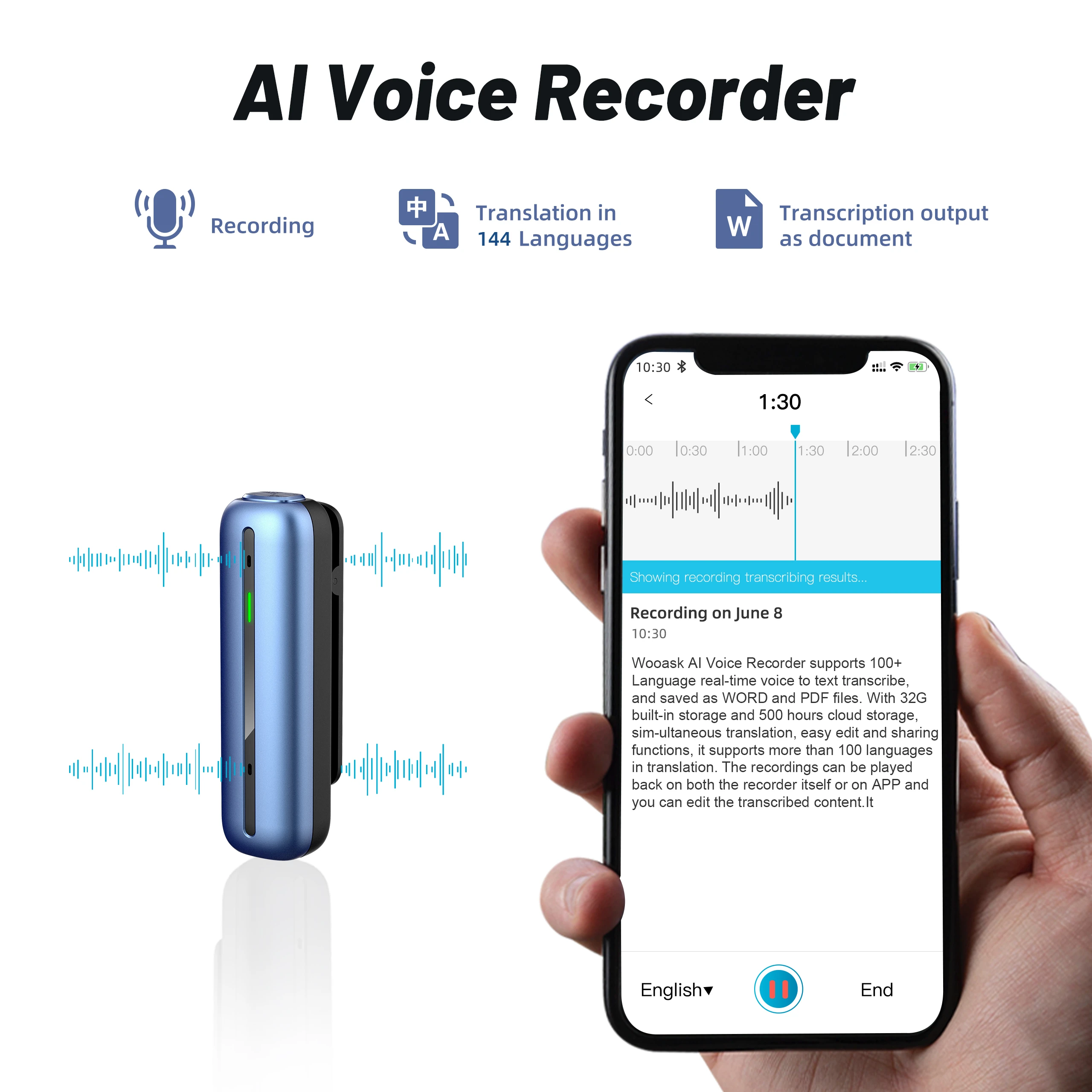 Wooask S01 Smart Translation Recorder Digital  Voice Translate Recording Translator  Pen 16GB Capacity 500 Hours Cloud Storage