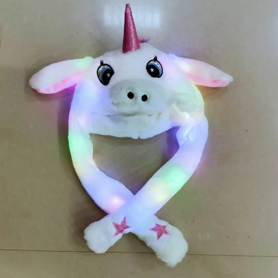 Popular Plush Led light Glowing Moving Ear Horse Hat Moving Ears White Kawaii Horse Hat Funny Animal Air Pumping Caps