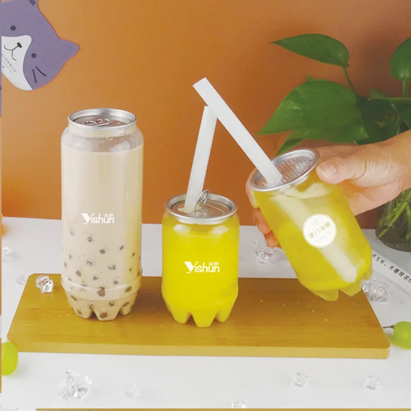 Plastic PET custom logo reusable empty juice soda beverage smoothie drink container cup bottle can with ring pull easy open lid