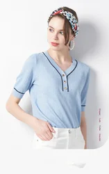 2021 Spring V-neck women sweater pullover knit shortleeve sweater