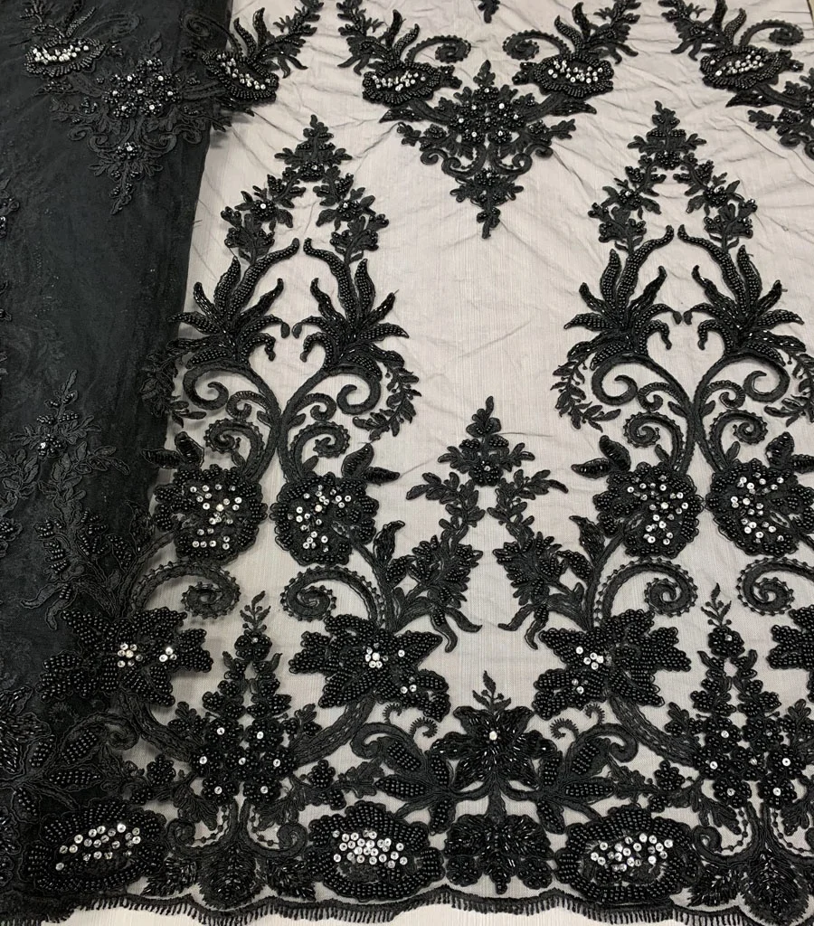 Черная Тяжелая кружевная ткань из бисера/Роскошная Свадебная кружевная ткань с вышивкой из бисера для платья