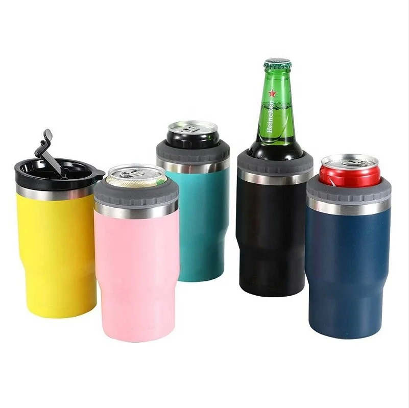 Custom 4 in 1 stainless steel beer bottle cooler insulator 14oz cola can vacuum 2 lids yeticooler wine cooler