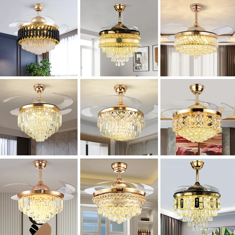 Wholesale 42-inch gold Deluxe ABS Retractable DC remote control Invisible crystal chandelier fan Lamp ceiling light with fan