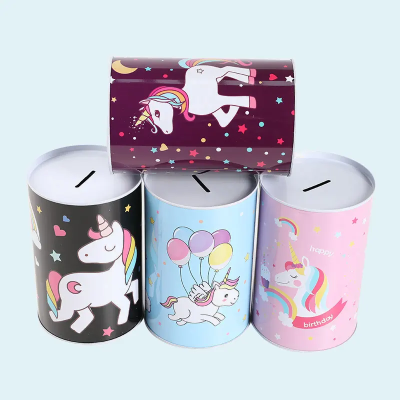TOPSTHINK Custom made kawaii large children unicorn round metal piggy bank for tin money saving