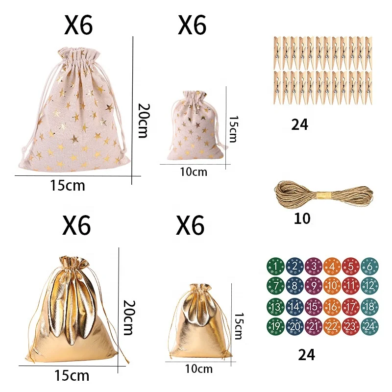 Christmas linen bronzed Bundle Pocket Set Advent Calendar Candy Gift bag Christmas drawstring Fortune bag