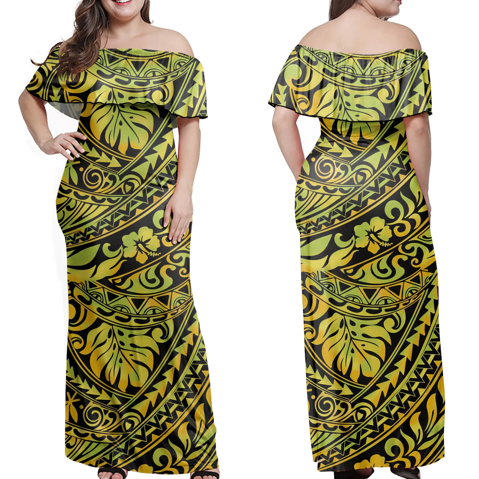 Модные полинезийские племенные Гавайские сексуальные платья с принтом листьев для женщин, Повседневное платье с открытой спиной и открытыми плечами, платья макси