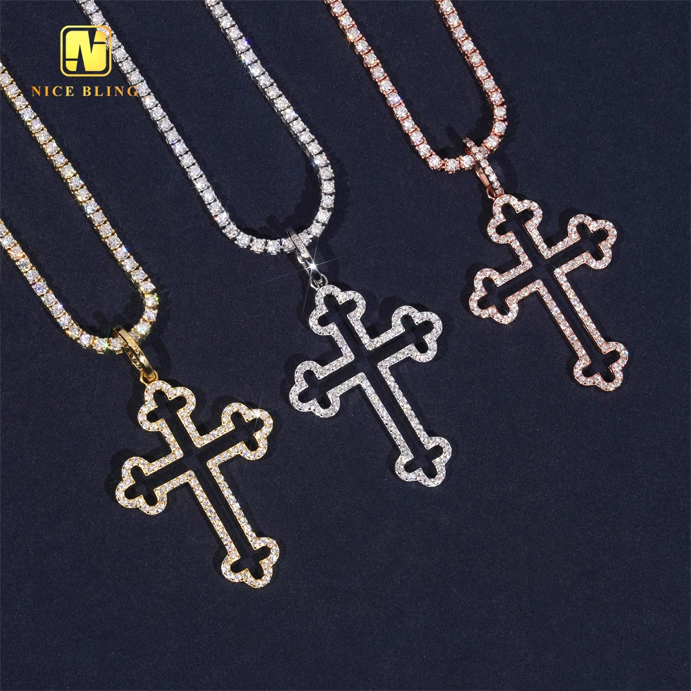Hip Hop Jewelry 925 Silver Moissanite Diamond Cross Pendant Unisex Charm Iced Out Cross Pendant with Cz Tennis Chain