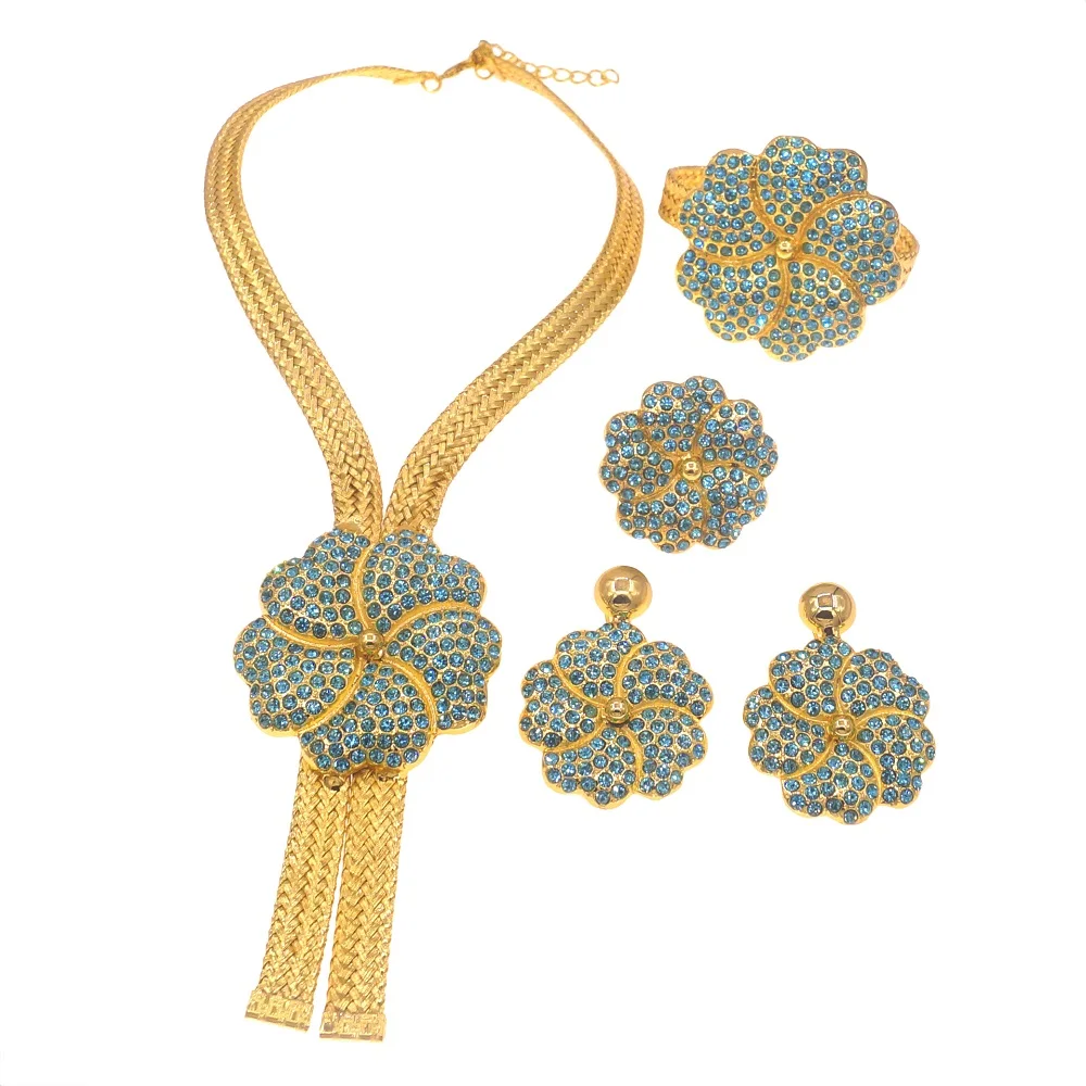 Yulaili latest new arrivals Exquisite Gold Plated Women fashion Pendant Necklace Bracelet Earring Ring Wholesale Jewelry Set