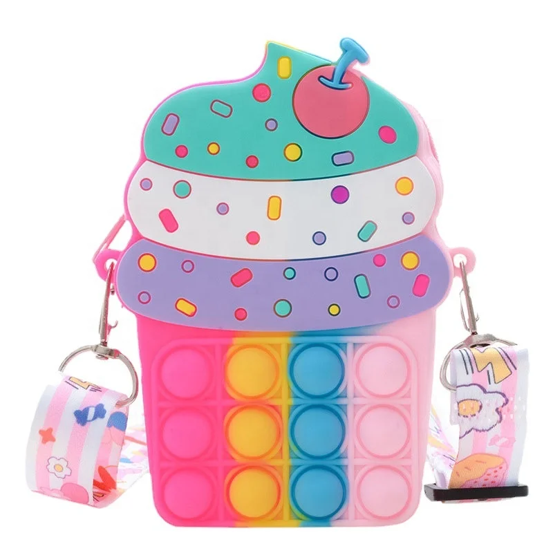 New Ice Cream Shape Silicone Waterproof Toy Print Rainbow Shoulder Bag Trending Fidget Crossbody Bag for kids