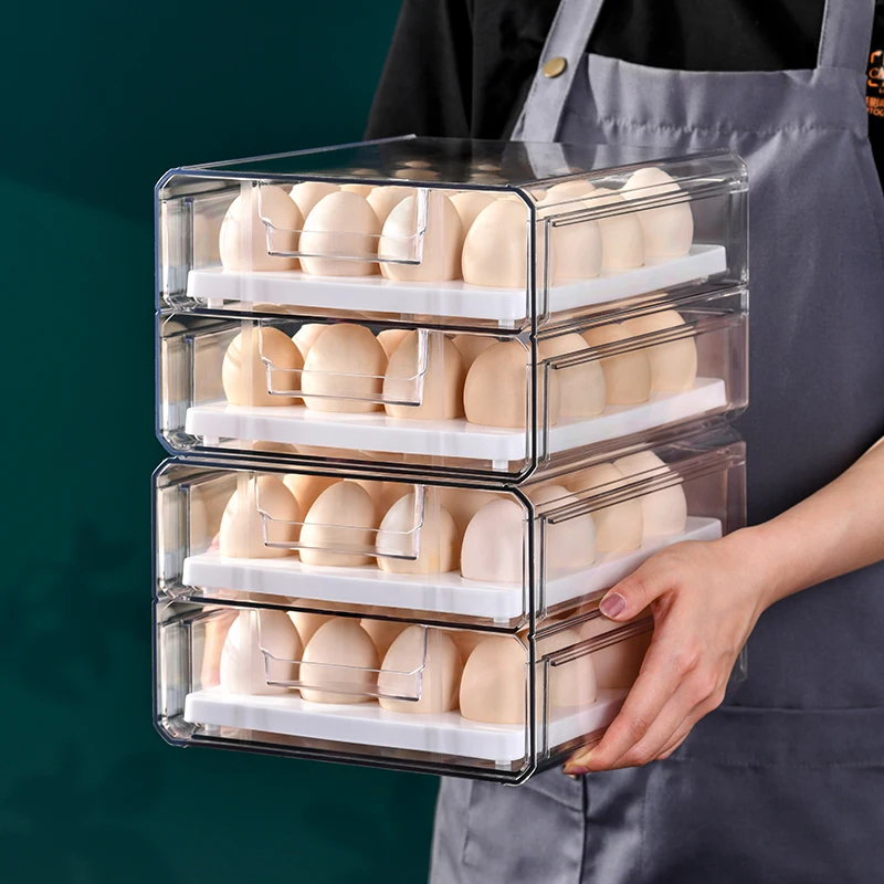 32 Grid Kitchen Stackable Pull Out Bins Holder fridge Organizer Double Layers Container Refrigerator Egg Storage Box Drawer
