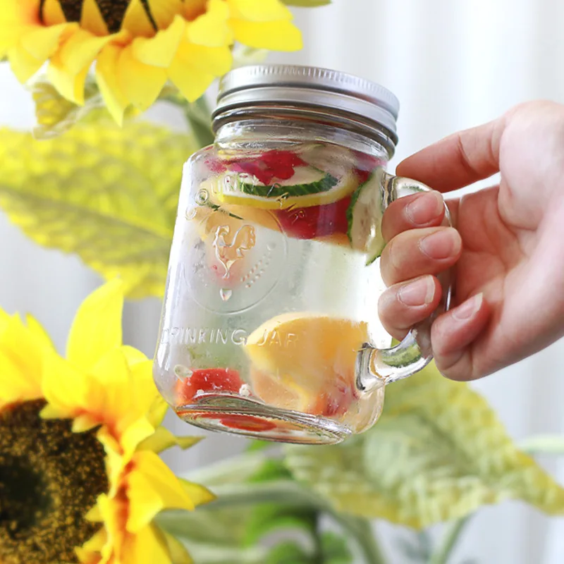 Jingyuan Wholesale Custom Logo Printings 16 Oz Glass Mason Jars With Ids Mason Jars With Handles And Straw Lids