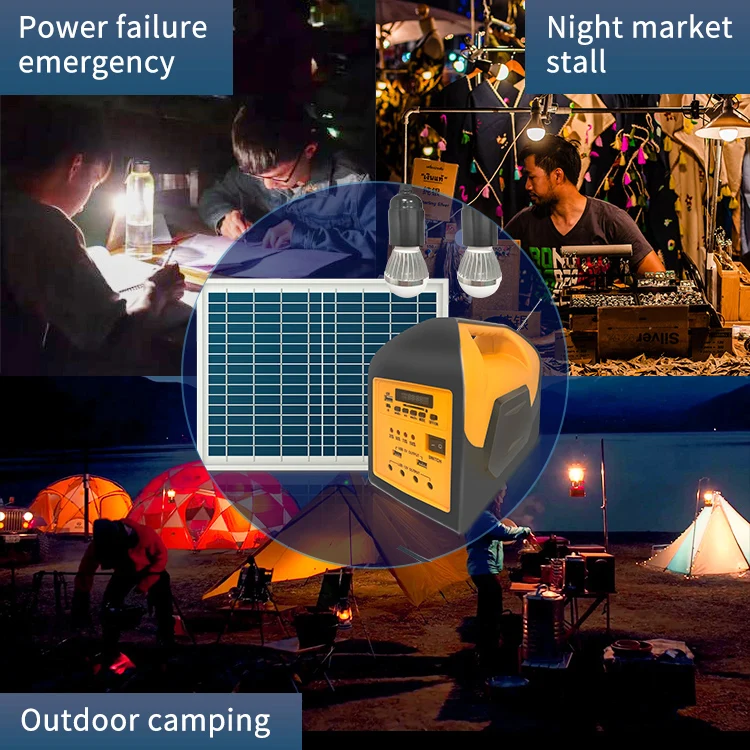 Mobile phone charging station music player with power storage DC12v lighting kit portable solar generator solar energy systems
