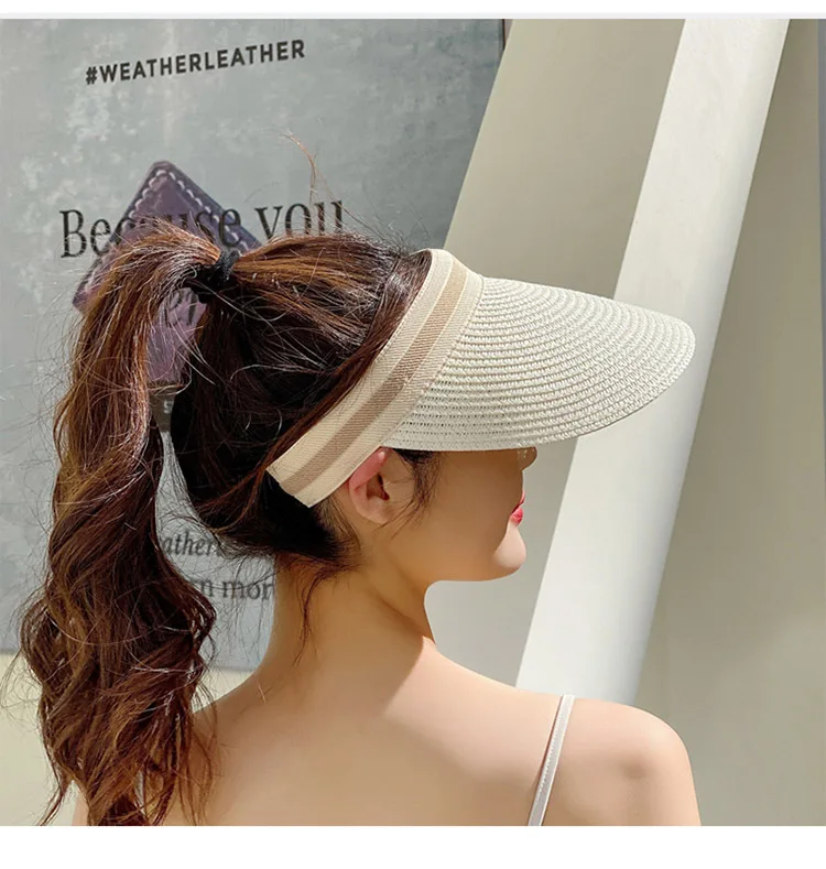 Sunproof Fashion Summer Solid Adult Women Wide Brim Soft Panama Beach Cap Girls Daisy Straw Empty Sun Visor empty top straw hat