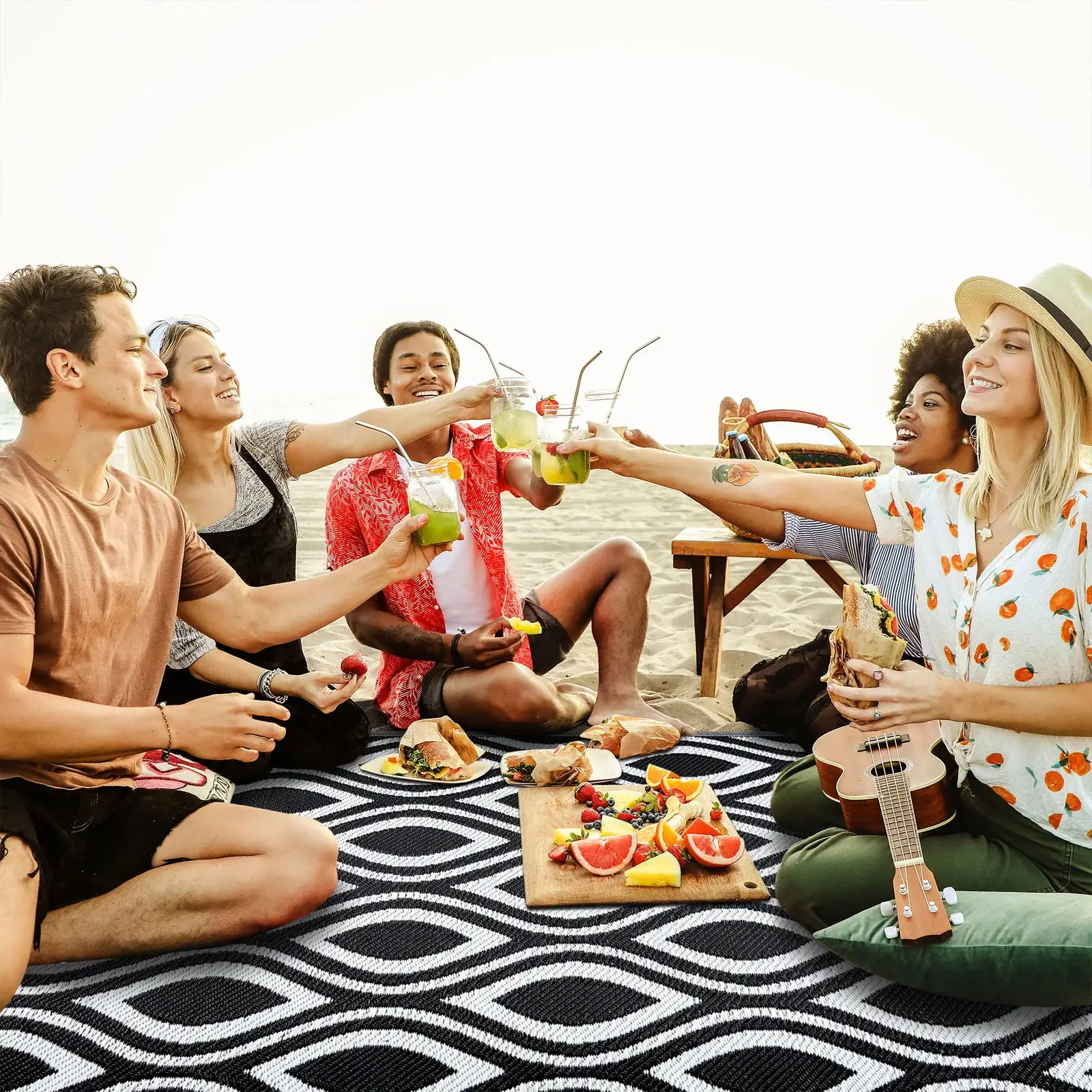 RV Outdoor Rugs Reversible Mats 9 x 12 Clearance Weatherproof Area Mat Carpet with Corner Loops for Patio Camping Black White