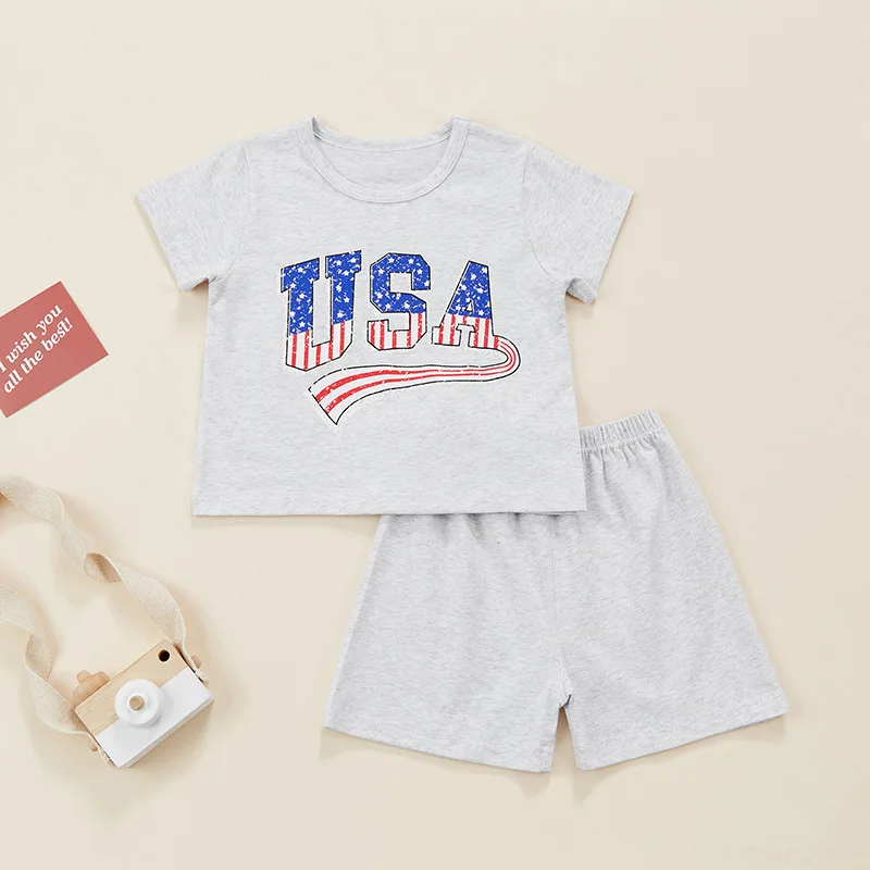 Fashion Newborn Baby Boys Girls Independence Day Romper 0-24M Letter Printed Short Sleeve Sweatshirt Jumpsuits