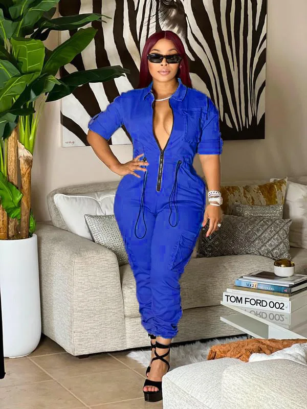Trend Overalls Women Solid Catsuit Jumpsuit Playsuits Woven Long Sleeve Stretch Collect Waist Plus Size One Piece Sexy Jumpsuit